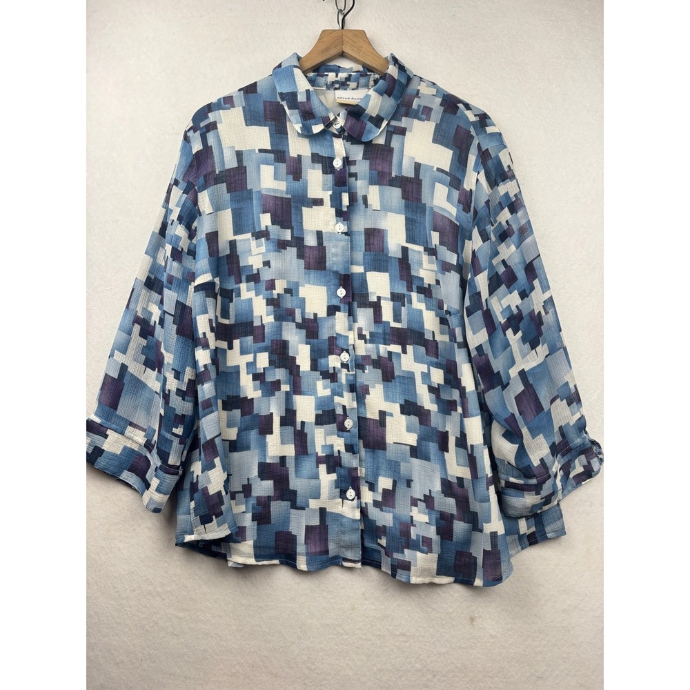 Alfred‎ Dunner Chiffon Blouse Womens 18W Geometric Print Button Up Artsy Retro